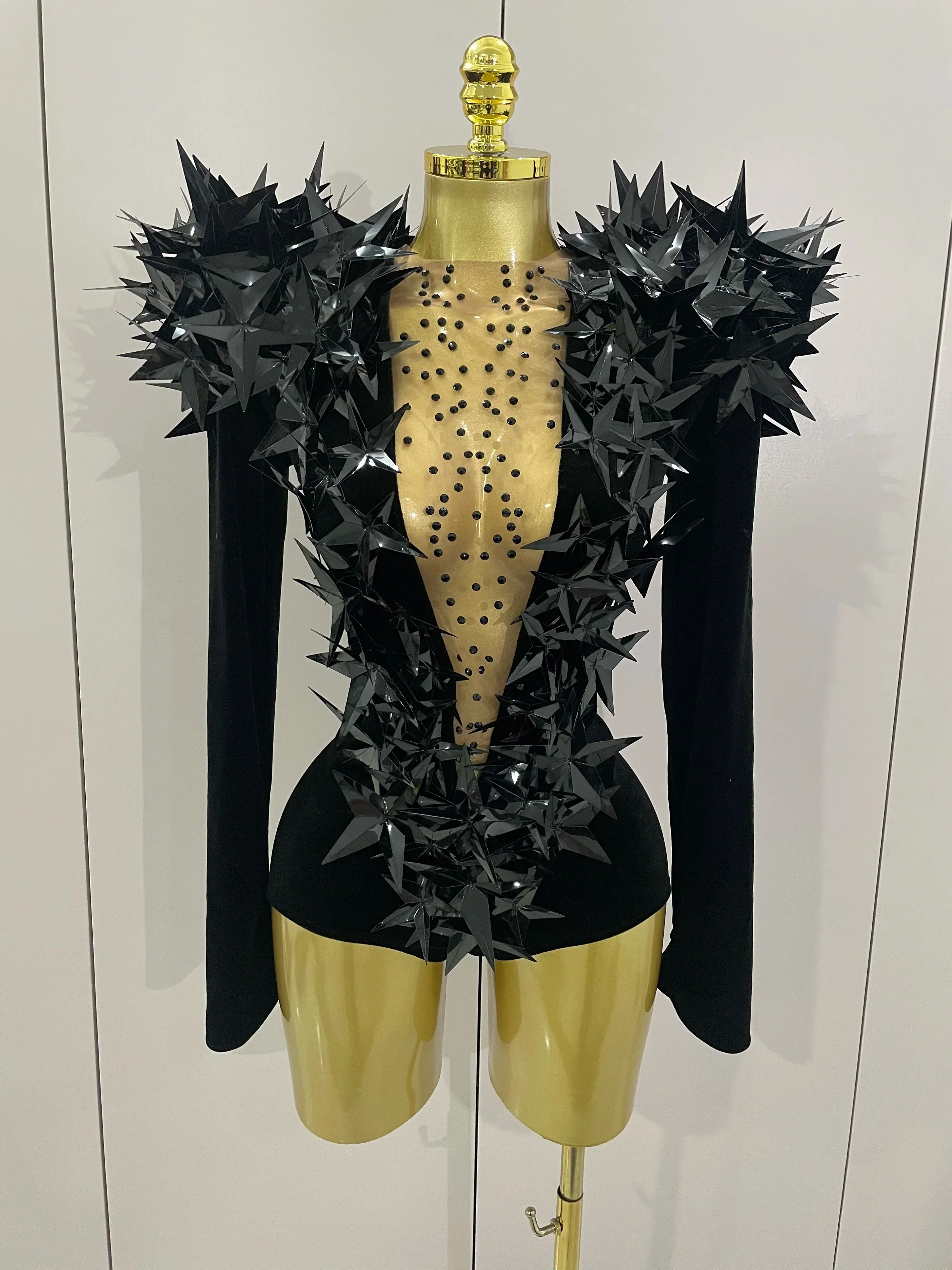 Shiny Gold Rhinestone Black Velvet Long Sleeve Bodysuit  Women Evening Party Club Gala Hosts NightClub Bar Stage Costumes - Image 8