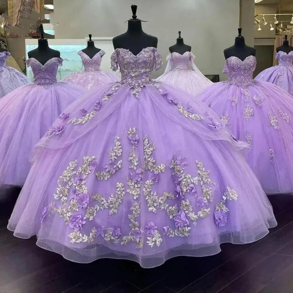 Shiny Lilac Quinceanera Dresses 3D Flowers Beading Sliver Lace Vestidos De 15 Anos Birthday Party Prom Ball Gown - Image 3