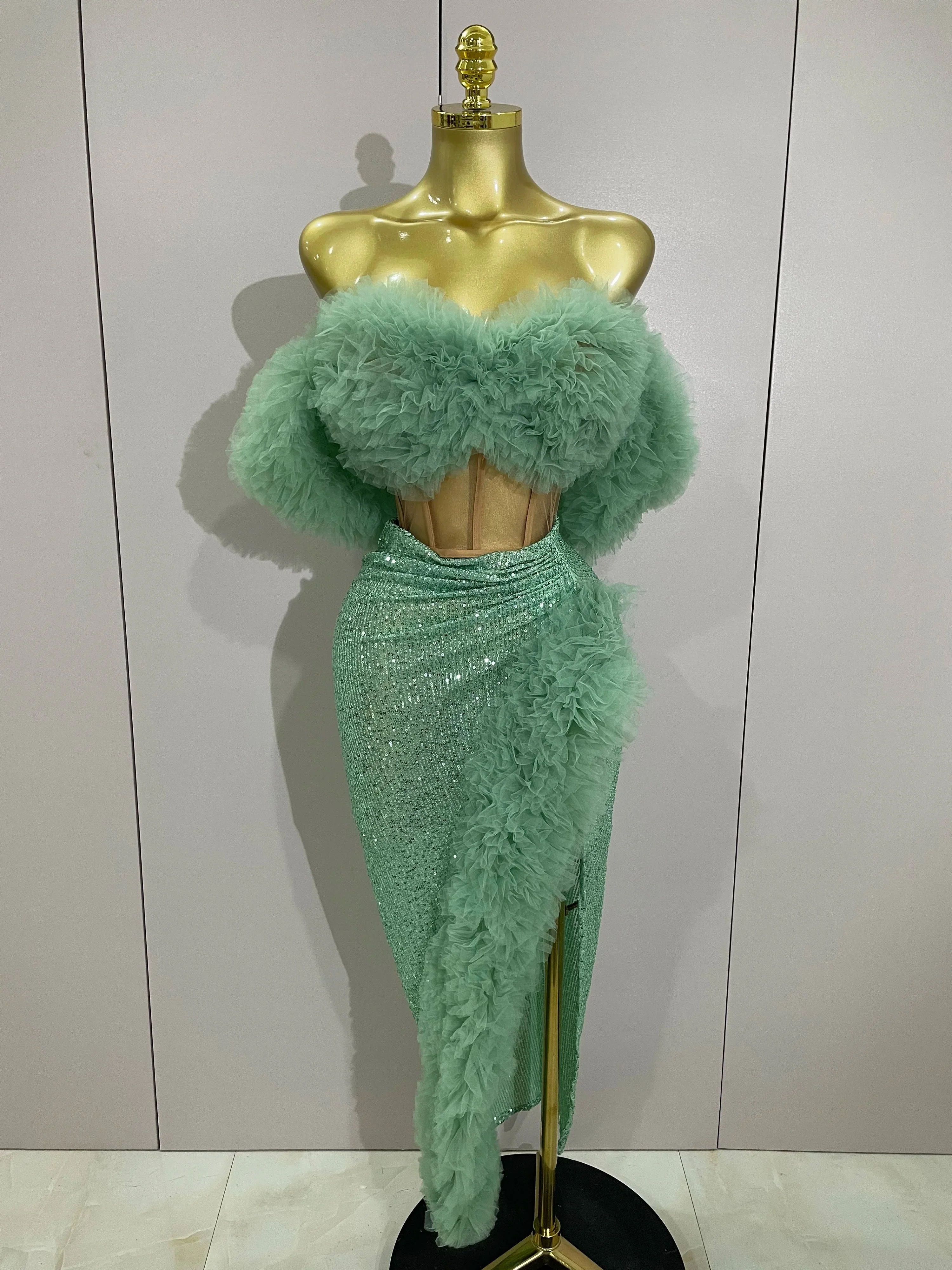 Shiny Sequins Top Short Skirt Two Pieces Set  Women Sexy Celebrate Evening Prom Birthday Party Dress Nightclub Stage Outfit