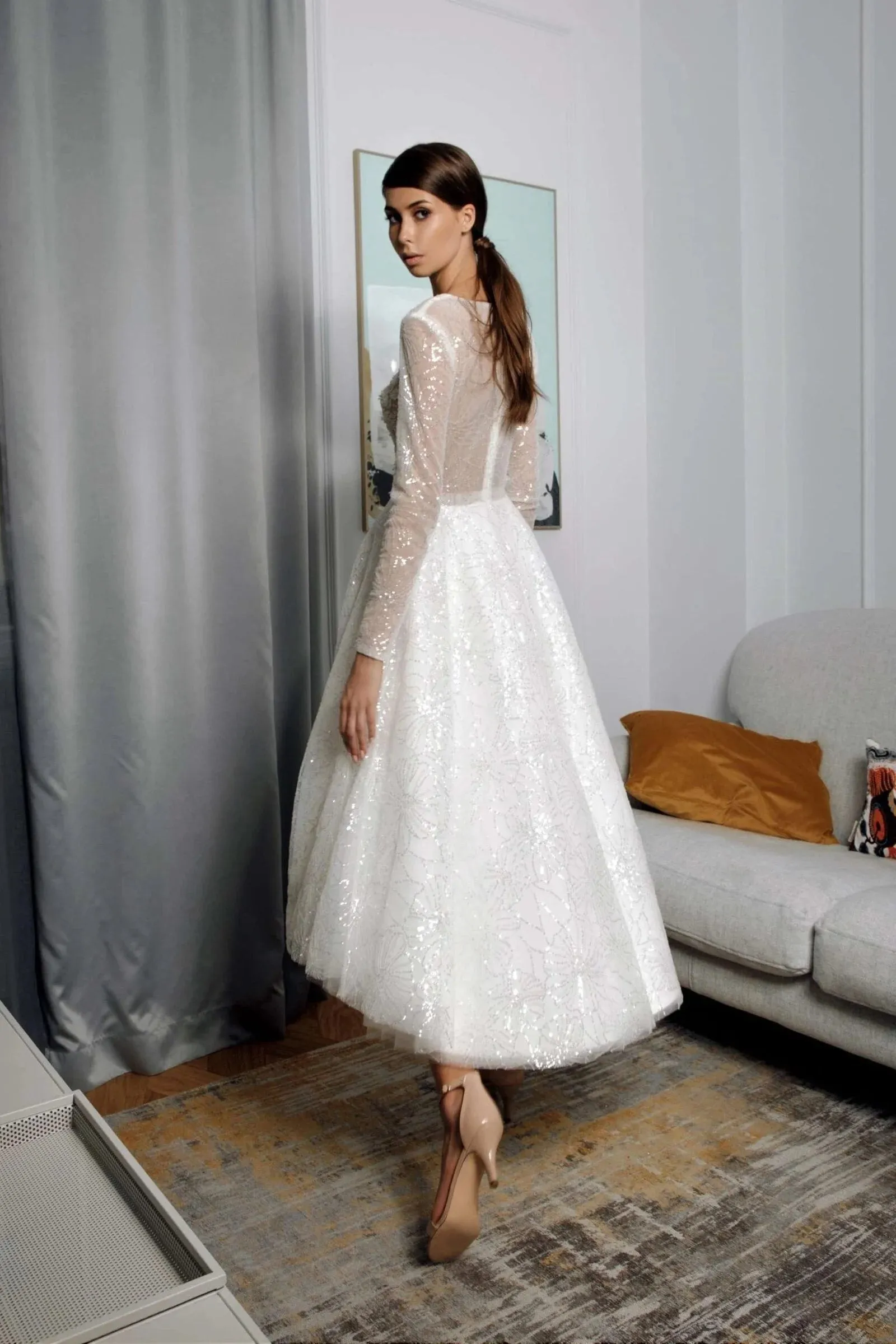 Short Beach Wedding Dress with Long Sleeves, V-Neckline, and Delicate Lace Embellishments - Image 2