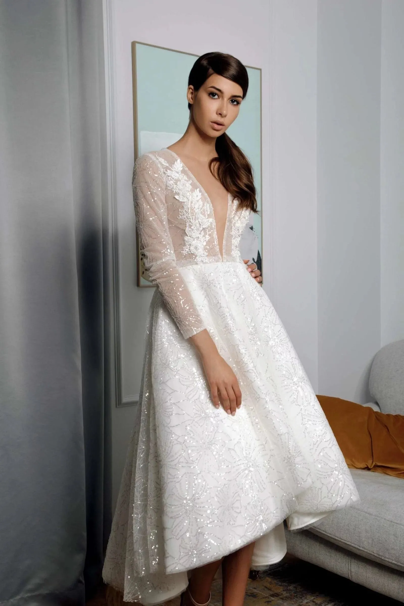 Short Beach Wedding Dress with Long Sleeves, V-Neckline, and Delicate Lace Embellishments - Image 3
