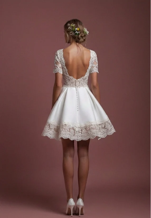 Short Rustic Sleeve Wedding Dress Country Style Lace Trim - Image 3