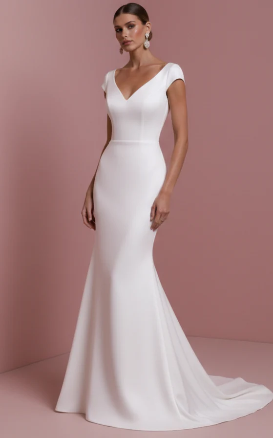Short Simple Sleeve Wedding Dress Classic Mermaid Fit Gown - Image 2