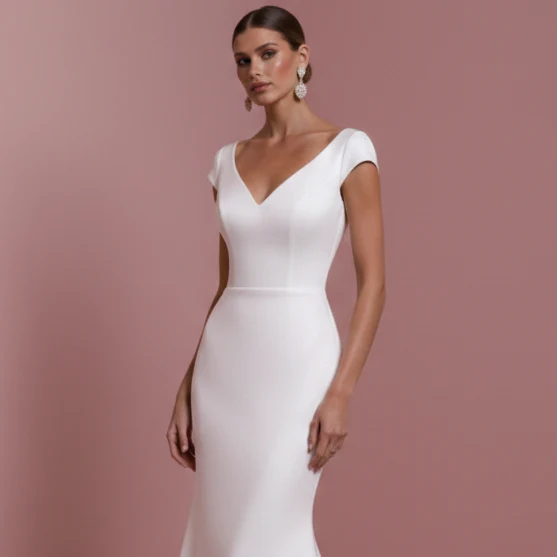 Short Simple Sleeve Wedding Dress Classic Mermaid Fit Gown - Image 4