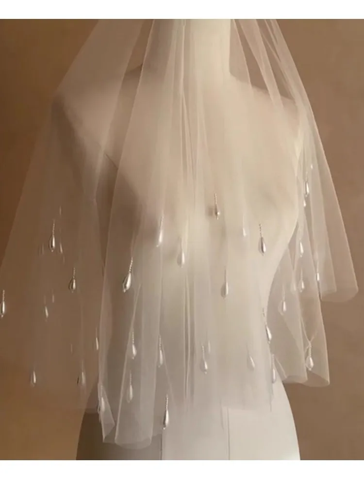 Short Pearl Beads Bridal Veil White Wedding Veils For Evening Dinner Party Dress Women Gift Hair Accessories Brides Jewelry - Image 3