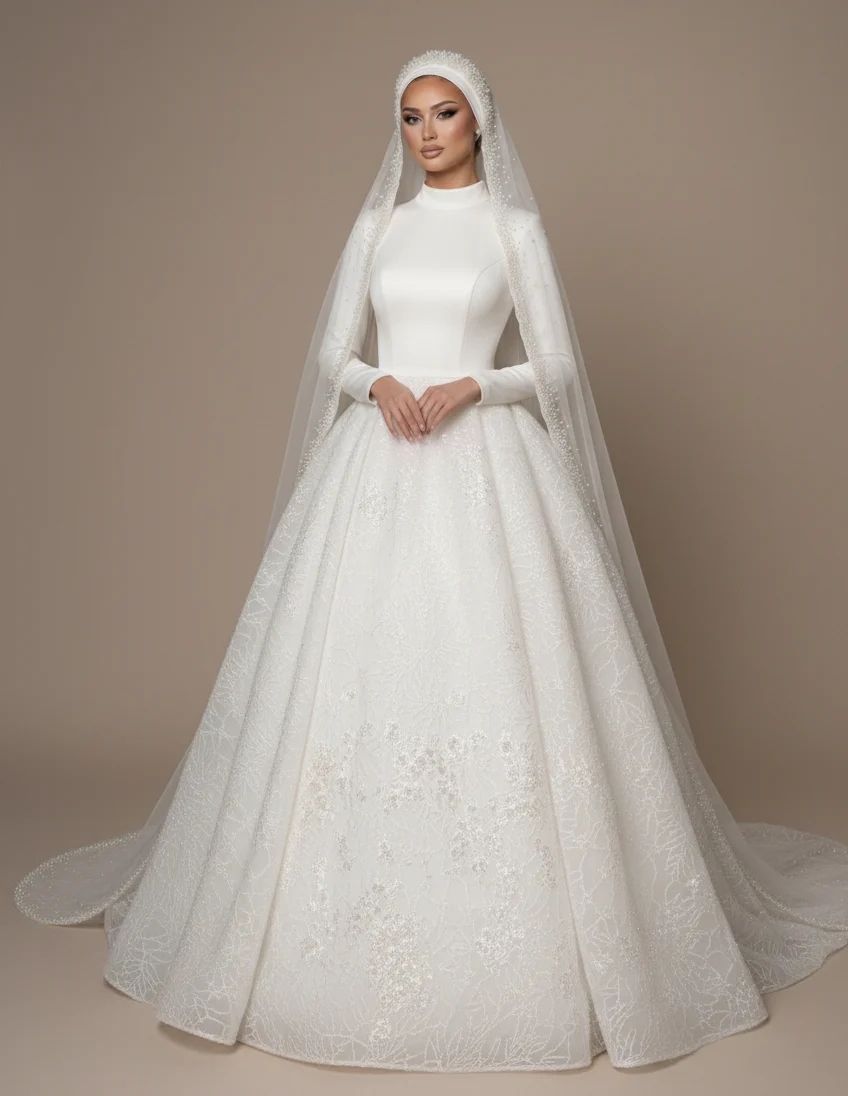 Modest Long Sleeve Lace Wedding Dress Muslim Bridal Gown High Neck - Image 2
