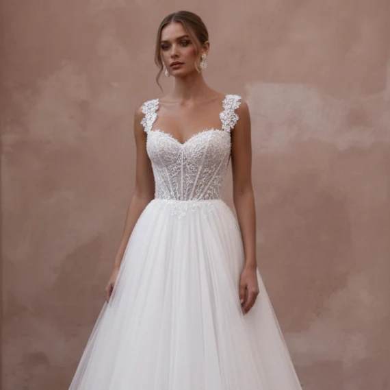 Corset Back Wedding Dress Long Tulle Princess Gown - Image 4