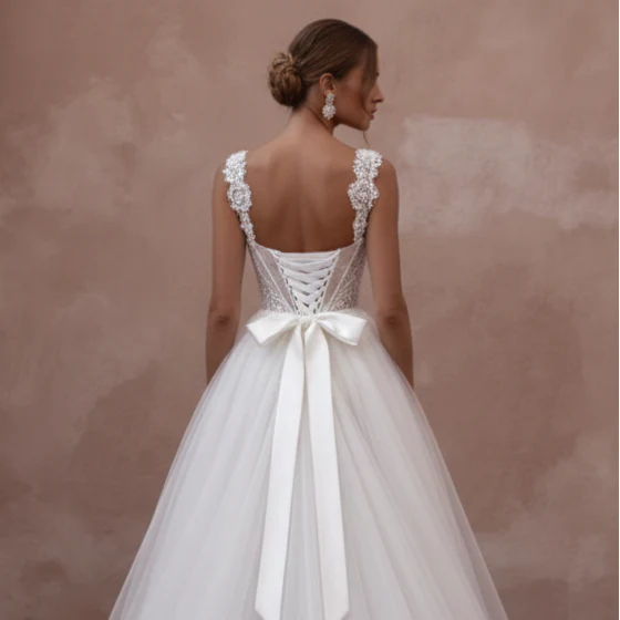 Corset Back Wedding Dress Long Tulle Princess Gown - Image 5