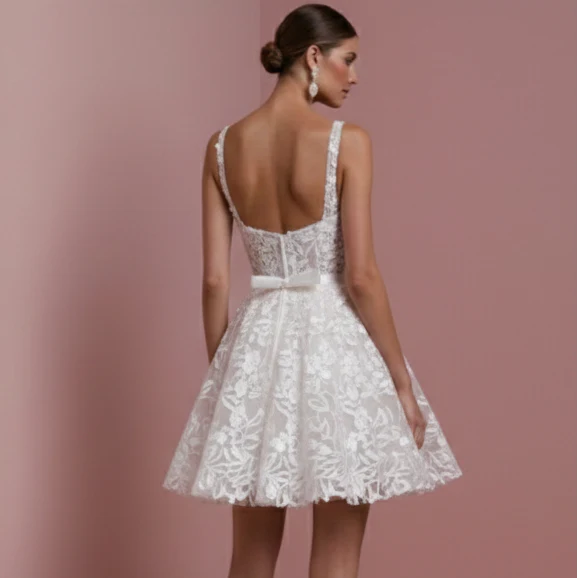 Classic Hem Wedding Dress Short Knee Length Embroidery Bridal - Image 5