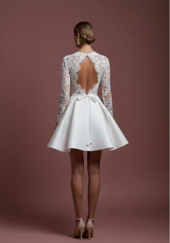 Short High Neck Sleeve Wedding Dress Modest Lace Backless - Image 3