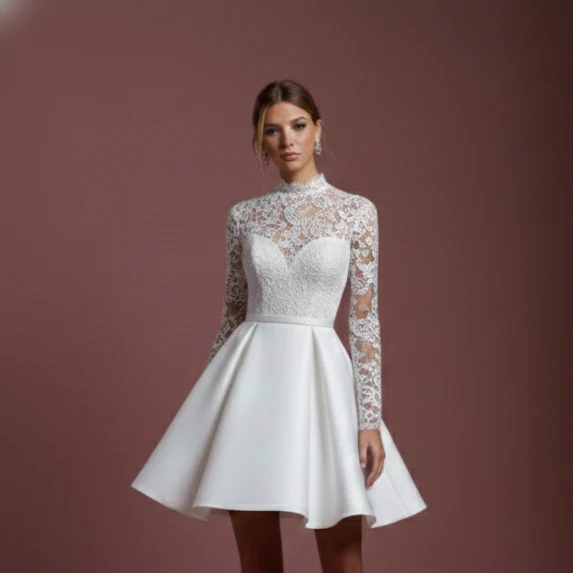 Short High Neck Sleeve Wedding Dress Modest Lace Backless - Image 4