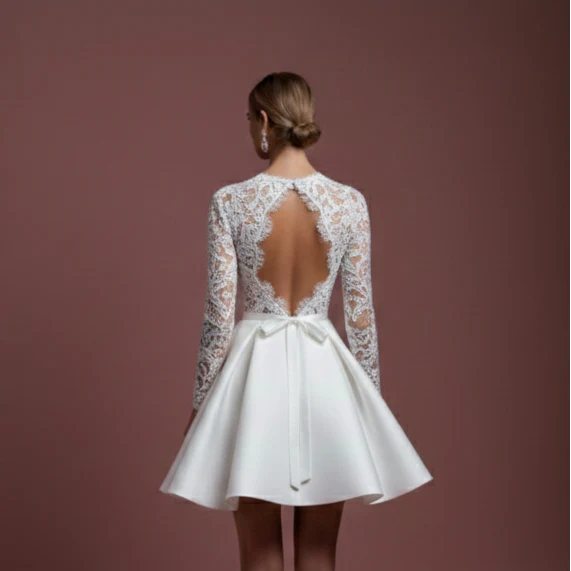 Short High Neck Sleeve Wedding Dress Modest Lace Backless - Image 5