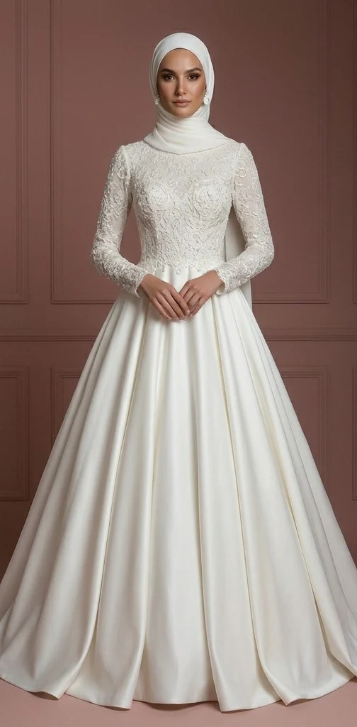 Silk Elegant Ball Gown – Soft Ivory Modest Muslim Wedding Dress - Image 2