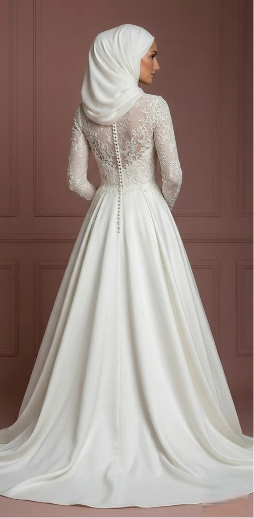 Silk Elegant Ball Gown – Soft Ivory Modest Muslim Wedding Dress - Image 3