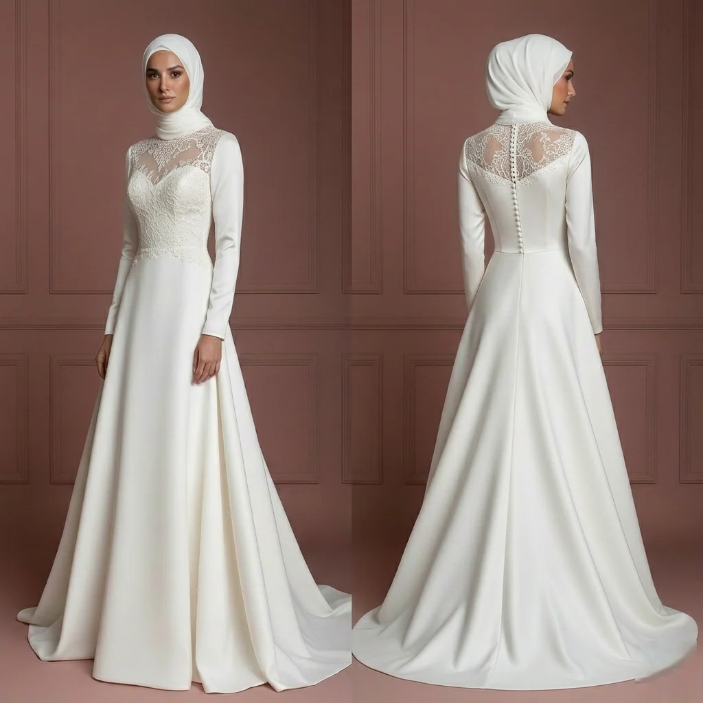 Silk Elegant Bridal Gown – Ivory Hijab Wedding Dress for Walima Muslim