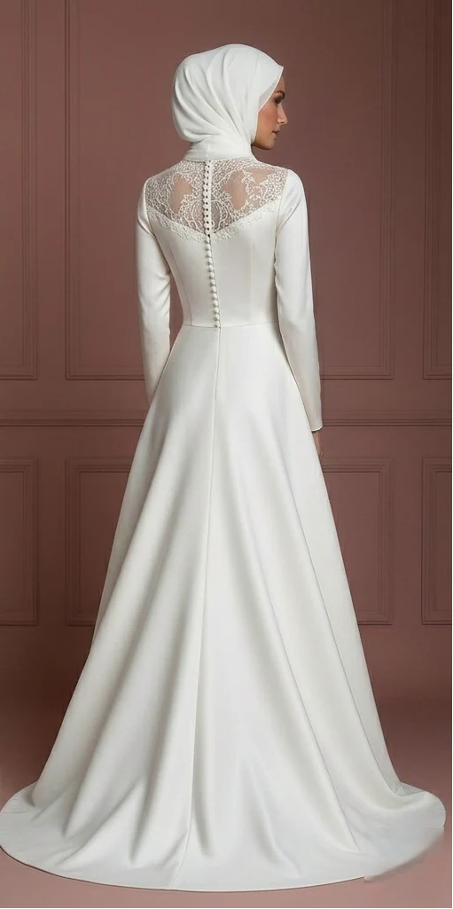 Silk Elegant Bridal Gown – Ivory Hijab Wedding Dress for Walima Muslim - Image 3
