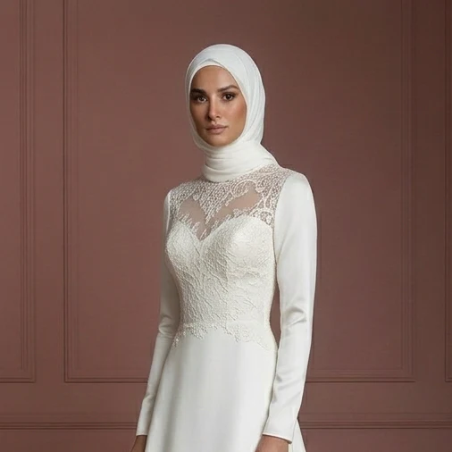 Silk Elegant Bridal Gown – Ivory Hijab Wedding Dress for Walima Muslim - Image 4