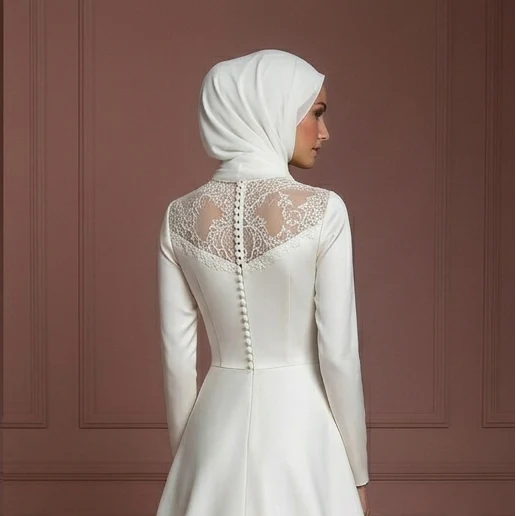 Silk Elegant Bridal Gown – Ivory Hijab Wedding Dress for Walima Muslim - Image 5