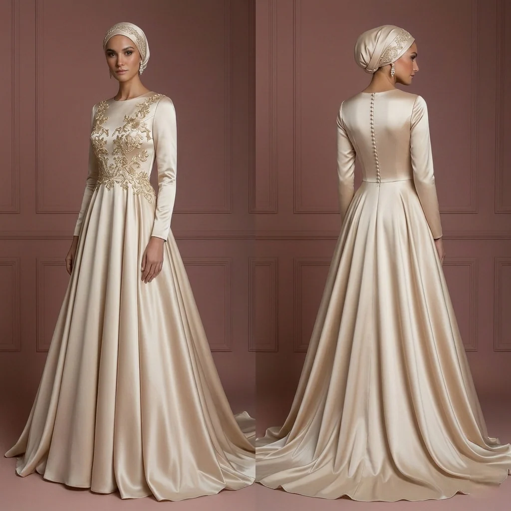 Silk Flowing Ball Gown – Champagne Elegant Hijab Wedding Dress Muslim