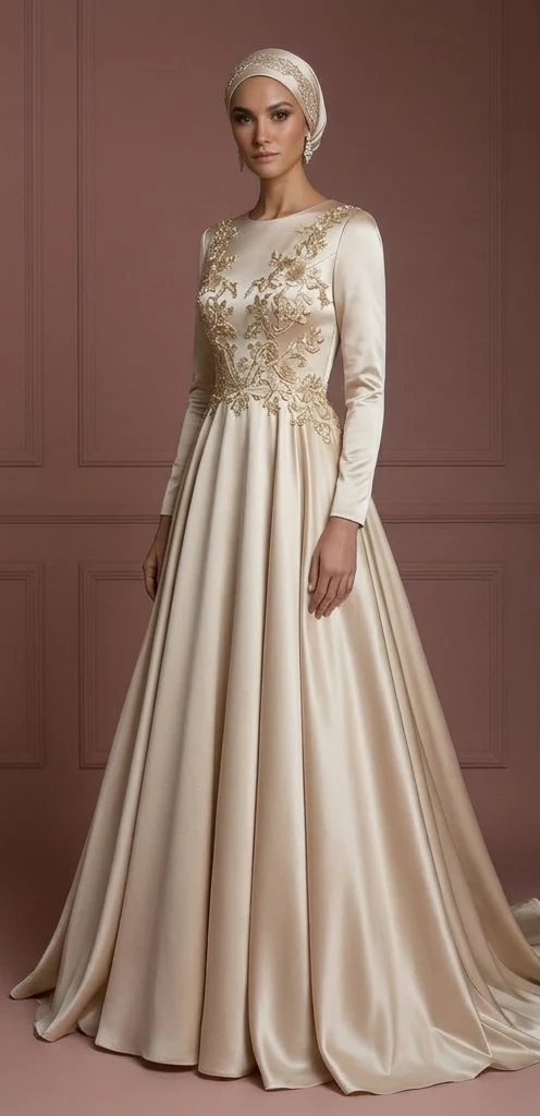 Silk Flowing Ball Gown – Champagne Elegant Hijab Wedding Dress Muslim - Image 2