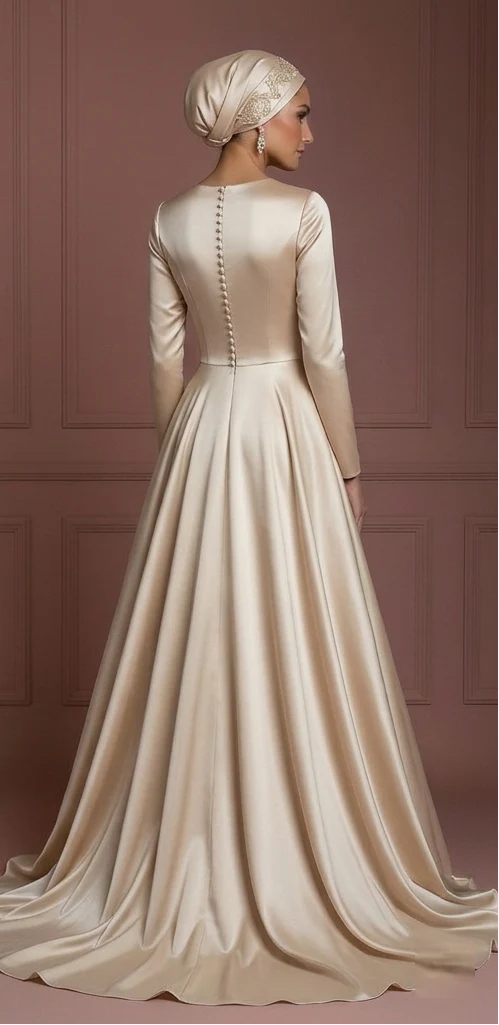 Silk Flowing Ball Gown – Champagne Elegant Hijab Wedding Dress Muslim - Image 3