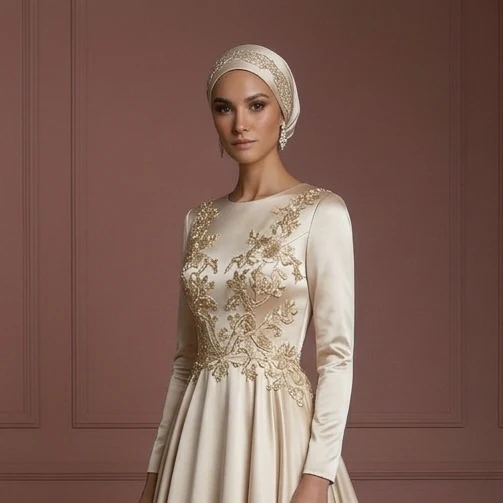 Silk Flowing Ball Gown – Champagne Elegant Hijab Wedding Dress Muslim - Image 4