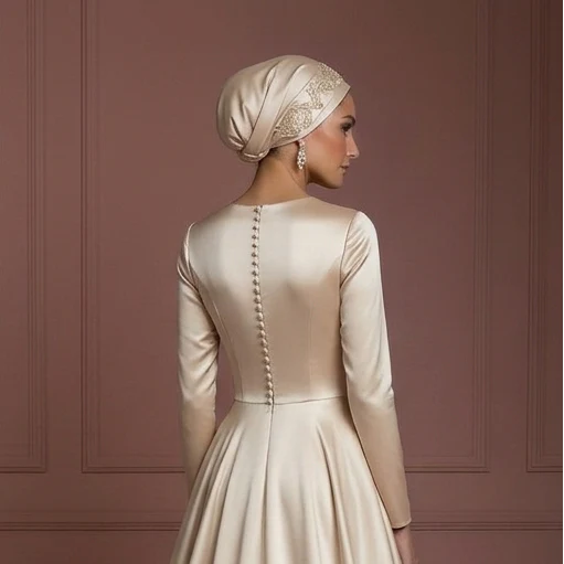 Silk Flowing Ball Gown – Champagne Elegant Hijab Wedding Dress Muslim - Image 5