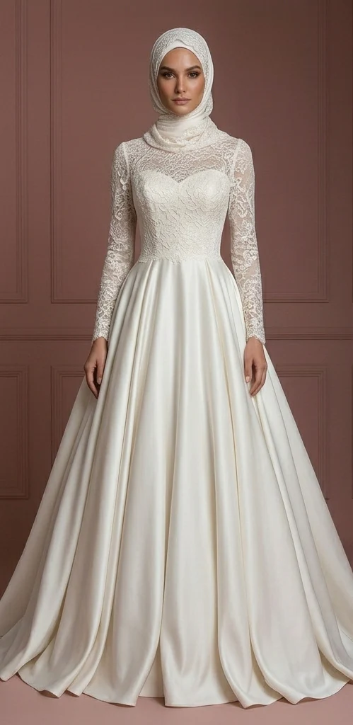 Silk Flowing Ball Gown – Modest Muslim Wedding Dress with Hijab - Image 2