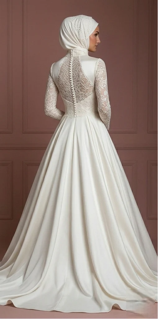 Silk Flowing Ball Gown – Modest Muslim Wedding Dress with Hijab - Image 3