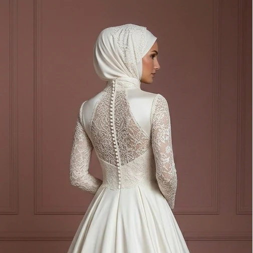 Silk Flowing Ball Gown – Modest Muslim Wedding Dress with Hijab - Image 5