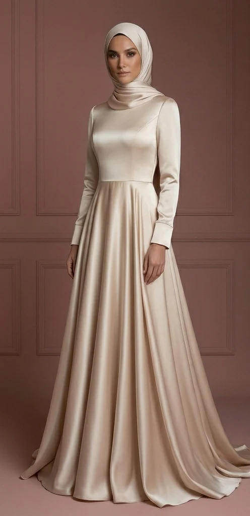 Silk Long Sleeve Wedding Dress – Soft Champagne Hijab Style Muslim - Image 2
