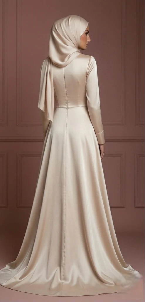 Silk Long Sleeve Wedding Dress – Soft Champagne Hijab Style Muslim - Image 3