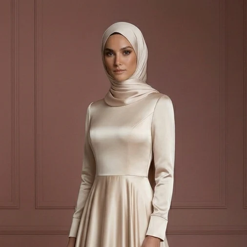 Silk Long Sleeve Wedding Dress – Soft Champagne Hijab Style Muslim - Image 4