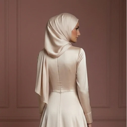 Silk Long Sleeve Wedding Dress – Soft Champagne Hijab Style Muslim - Image 5