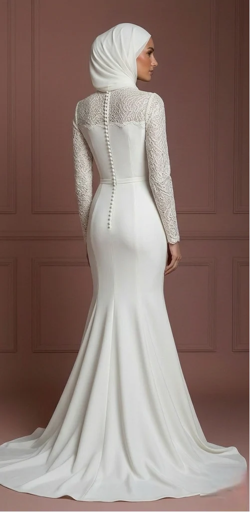 Silk Mermaid Hijab Wedding Dress – Ivory Modern Modest Style Muslim - Image 3