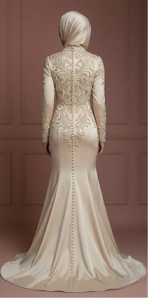 Silk Mermaid Wedding Dress – Champagne Modest Hijab Style Muslim - Image 3