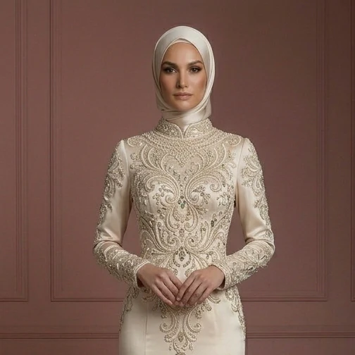 Silk Mermaid Wedding Dress – Champagne Modest Hijab Style Muslim - Image 4