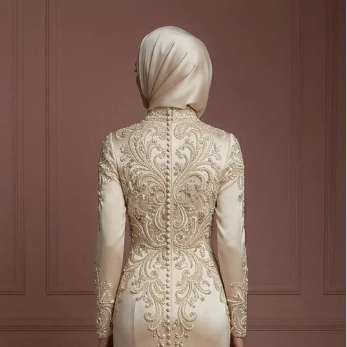 Silk Mermaid Wedding Dress – Champagne Modest Hijab Style Muslim - Image 5