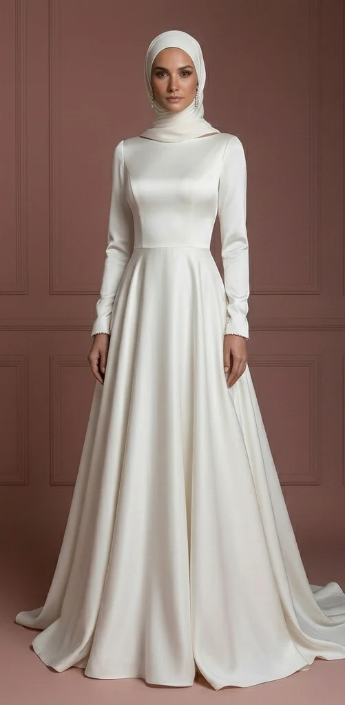 Silk Minimalist Hijab Wedding Dress – Modern Modest Bridal Look Muslim - Image 2
