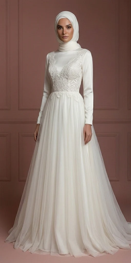 Silk & Tulle Elegant Bridal Wedding Dress – Ivory Muslim Hijab Outfit - Image 2