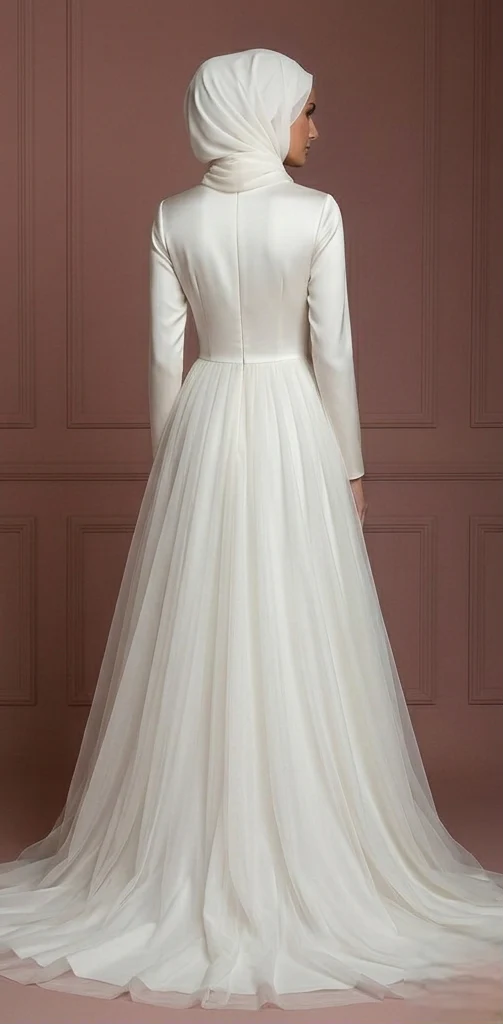 Silk & Tulle Elegant Bridal Wedding Dress – Ivory Muslim Hijab Outfit - Image 3