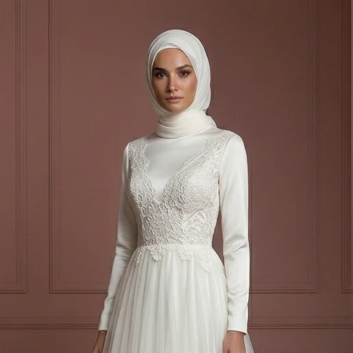 Silk & Tulle Elegant Bridal Wedding Dress – Ivory Muslim Hijab Outfit - Image 4