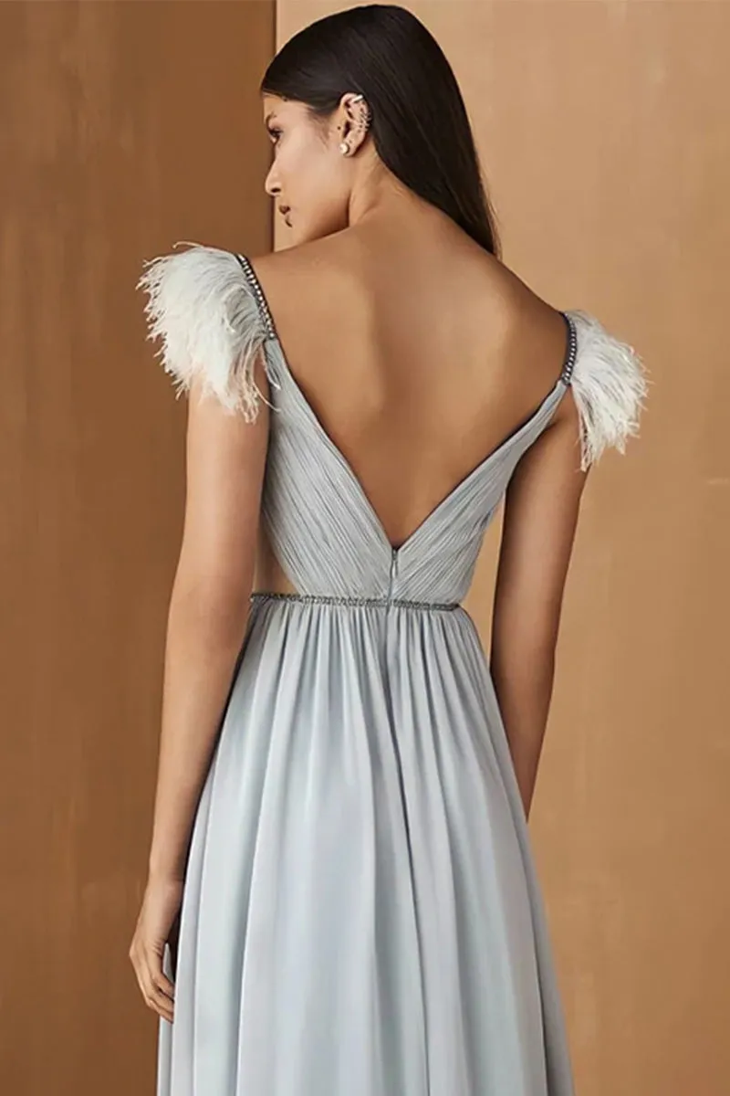 Silver Chiffon Long Prom Dresses Beaded Crystal Pleats Evening Party Gowns Slit Feathers Women's Formal Prom Gown - Image 3