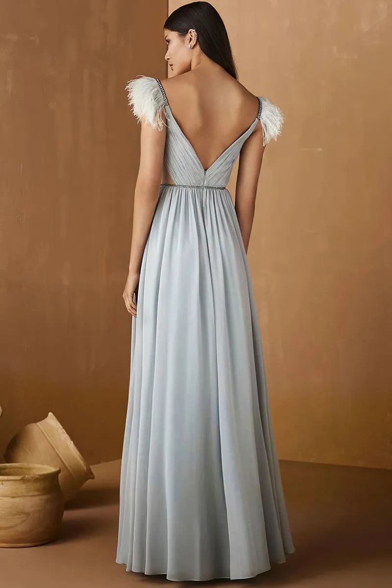 Silver Chiffon Long Prom Dresses Beaded Crystal Pleats Evening Party Gowns Slit Feathers Women's Formal Prom Gown - Image 5