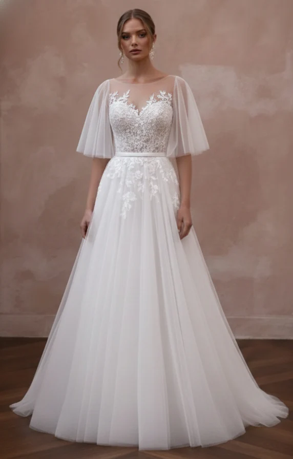 Butterfly Sleeve Wedding Dress Ethereal Long Chiffon Gown - Image 2
