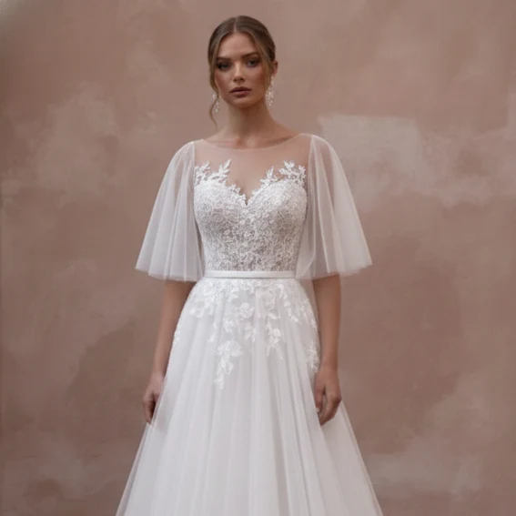 Butterfly Sleeve Wedding Dress Ethereal Long Chiffon Gown - Image 4