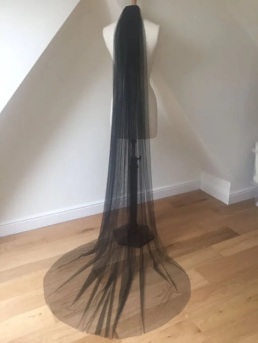 Simple Black 1 Layer Chapel Length Bridal Veil Cut Edge with Metal Comb Soft Tulle
