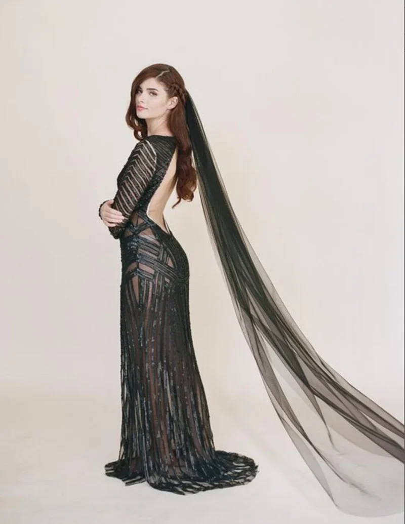 Simple Black 1 Layer Chapel Length Bridal Veil Cut Edge with Metal Comb Soft Tulle - Image 2