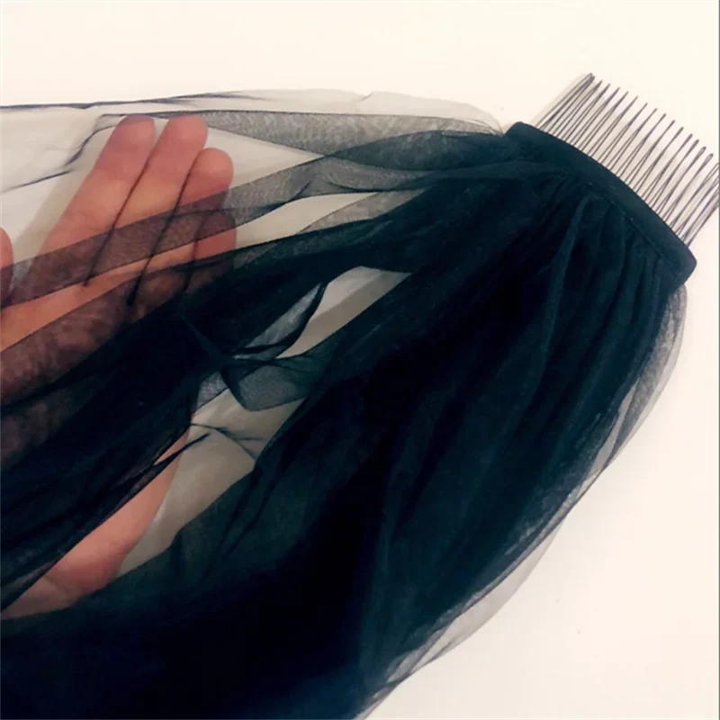 Simple Black 1 Layer Chapel Length Bridal Veil Cut Edge with Metal Comb Soft Tulle - Image 3