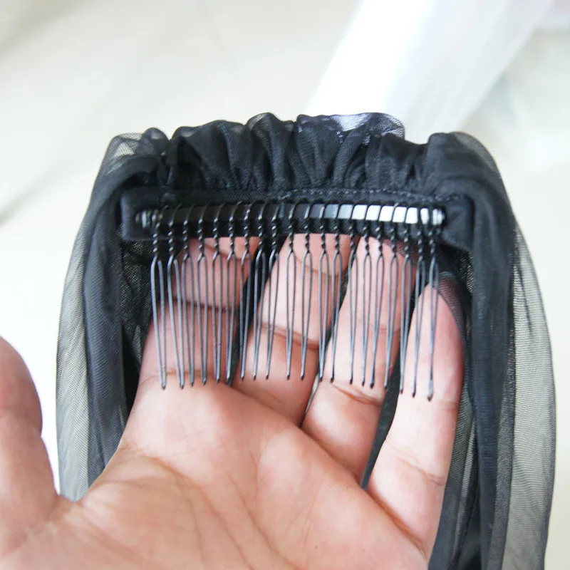 Simple Black 1 Layer Chapel Length Bridal Veil Cut Edge with Metal Comb Soft Tulle - Image 5